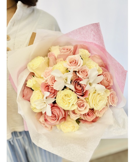Pink and Cream Roses with Orchids