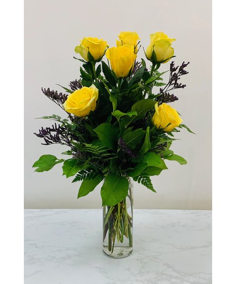 6 Yellow Roses Vased