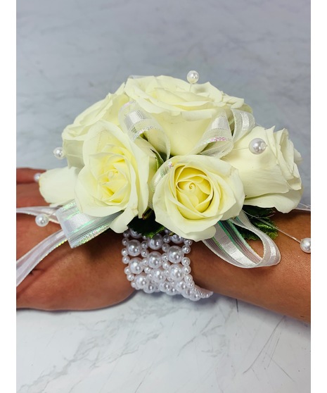 White Spray Rose and Pearl Wristlet